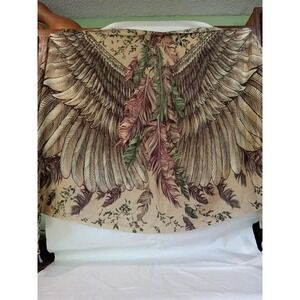 Cashmere Silk Scarf Shawl Wrap Angel Wings Feather Print Beige Brown